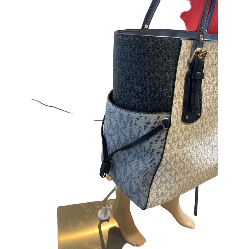 Michael Kors Blue Leather Logo Print Tote Handbag Dual Handles Sz 11x11 Luxe Bag - Picture 4 of 14